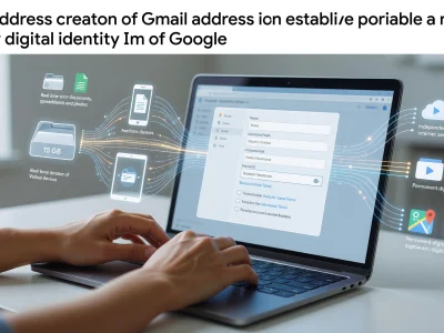 Des mains tapent sur un ordinateur portable pour la création adresse Gmail avec icônes numériques autour