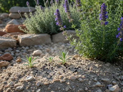 Le semis hysope a permis l'émergence de ces jeunes plants devant des touffes fleuries violettes