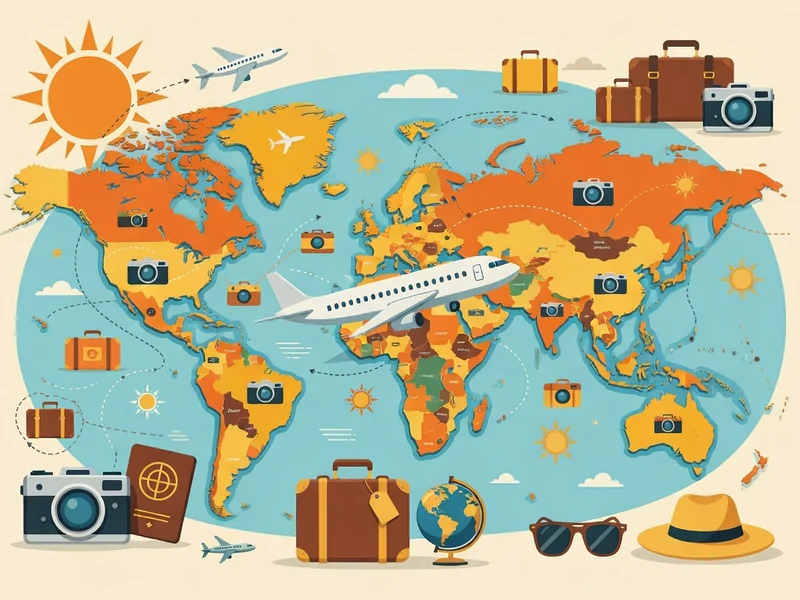 Une carte du monde colorée avec valises et avions pour savoir où partir en août