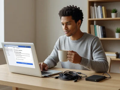 Un homme tenant une tasse consulte son ordinateur pour Facebook supprimer compte