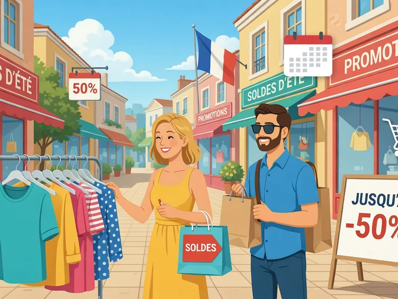 Un couple fait du shopping dans une rue française ensoleillée à la date des soldes d'été 2026