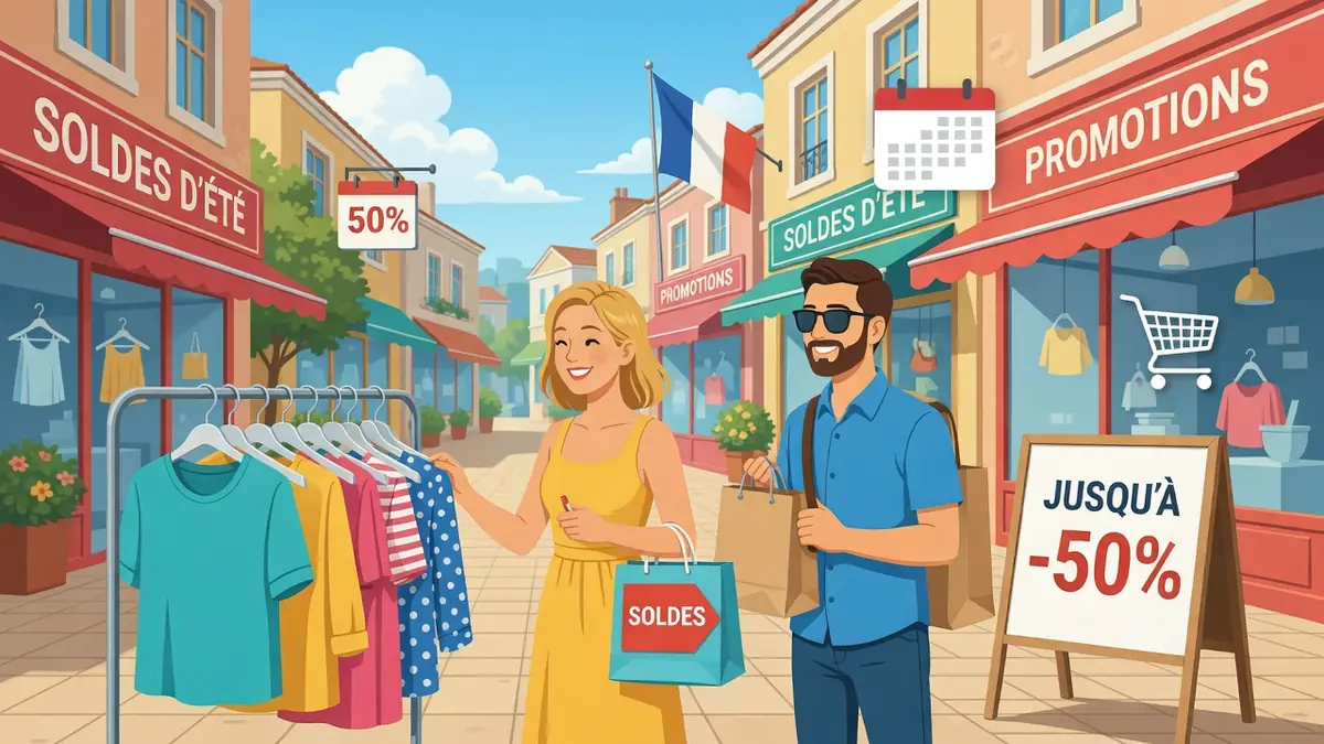 Un couple fait du shopping dans une rue française ensoleillée à la date des soldes d'été 2026