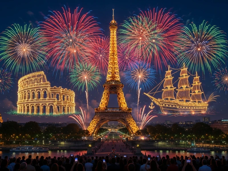 Une foule regarde le feu d'artifice autour de moi illuminant la tour Eiffel et les monuments