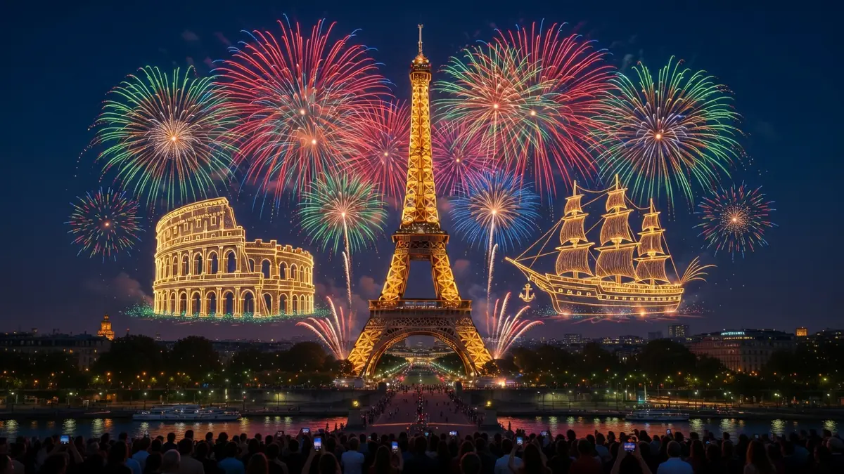 Une foule regarde le feu d'artifice autour de moi illuminant la tour Eiffel et les monuments