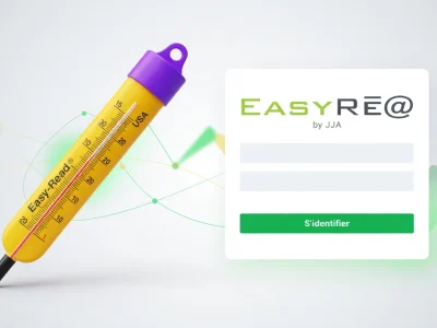 Un thermomètre jaune relié par des lignes vertes à une interface de connexion pour Easyrea