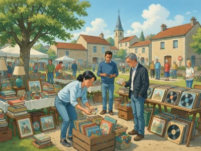 Scène de brocante 95 avec des gens fouillant parmi livres et vinyles dans un village