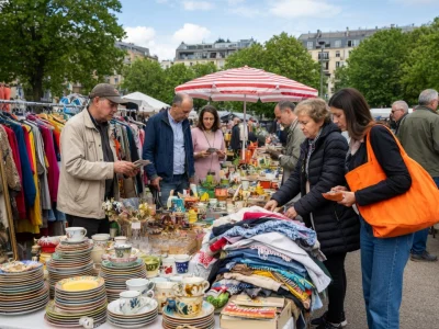 Des chineurs parcourent les stands d'une brocante 92 en plein air par une journée ensoleillée