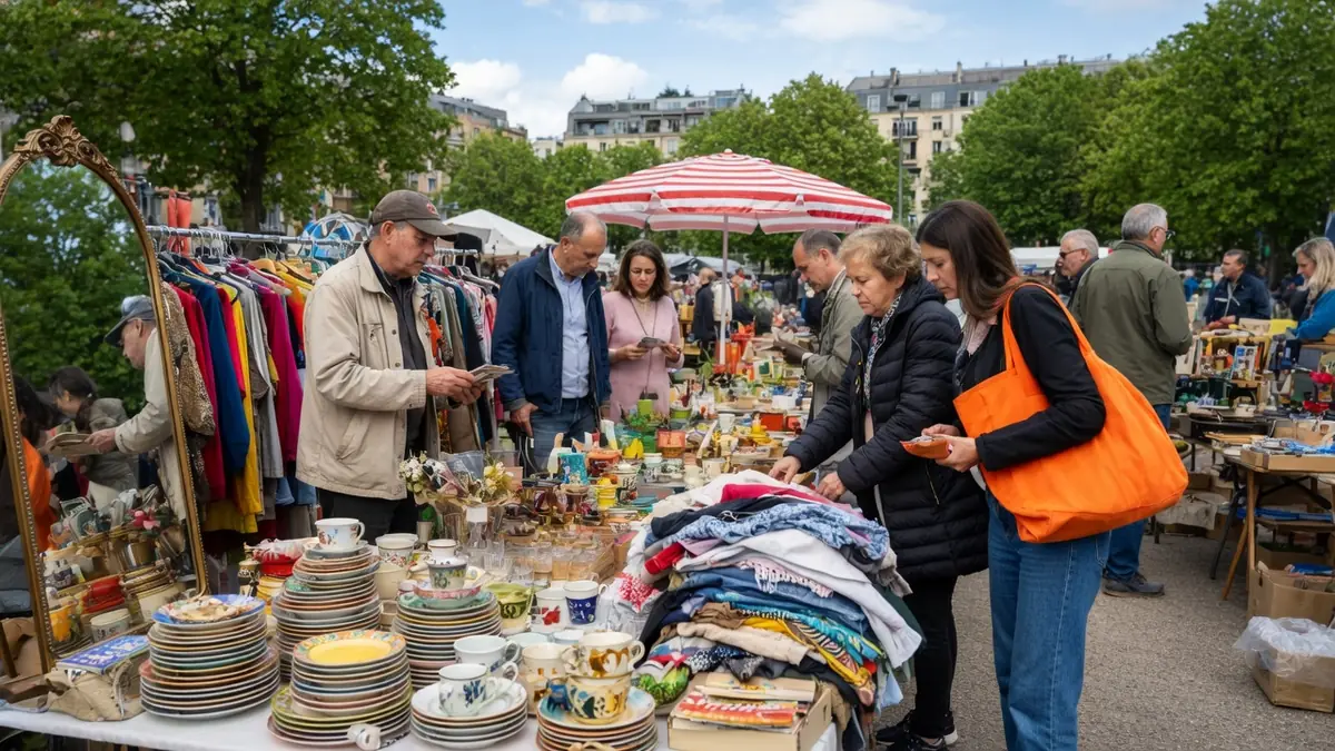 Des chineurs parcourent les stands d'une brocante 92 en plein air par une journée ensoleillée