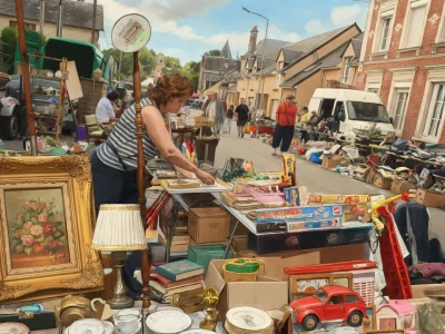 Une femme parcourt les trésors d'une brocante Île-de-France installée dans une rue commerçante