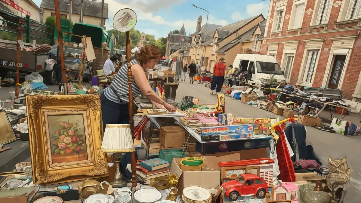 Une femme parcourt les trésors d'une brocante Île-de-France installée dans une rue commerçante