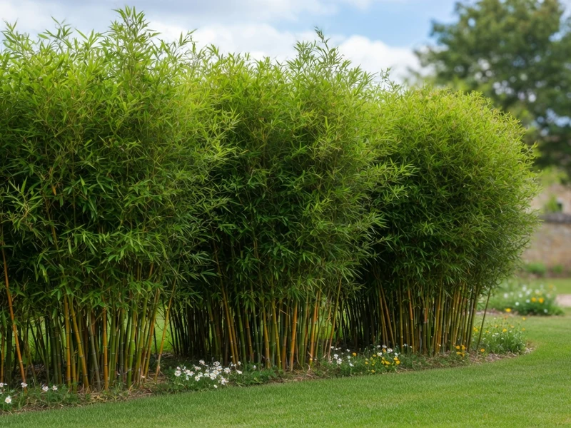 Une haie de bambous non traçants formant une touffe dense au milieu d'un jardin verdoyant