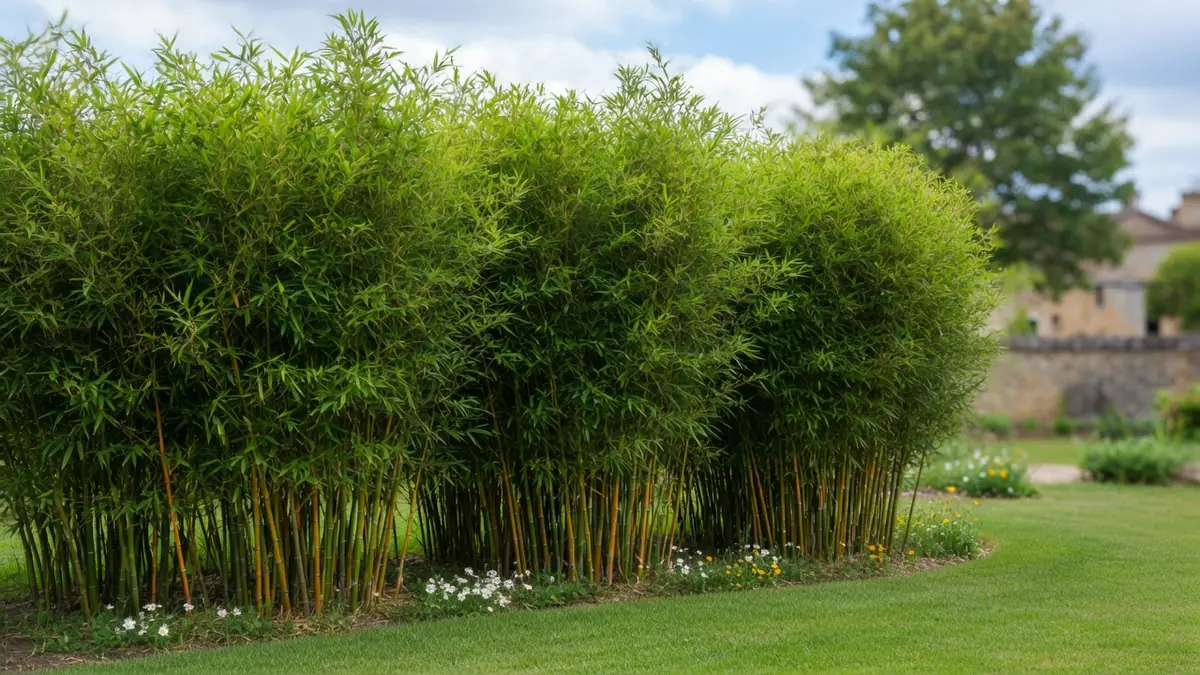 Une haie de bambous non traçants formant une touffe dense au milieu d'un jardin verdoyant