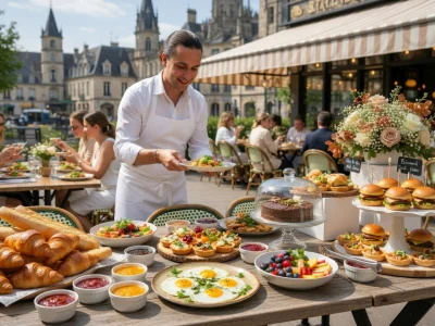 Un serveur prépare une table garnie de viennoiseries et de plats variés pour un brunch à Rouen en terrasse