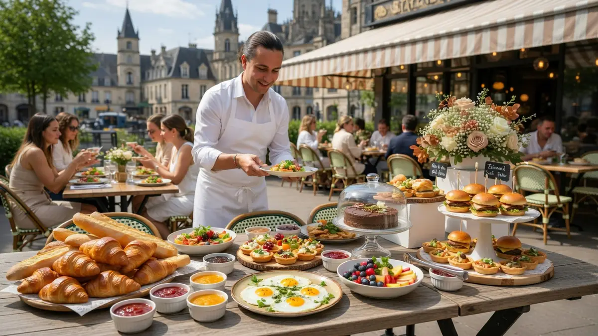 Un serveur prépare une table garnie de viennoiseries et de plats variés pour un brunch à Rouen en terrasse