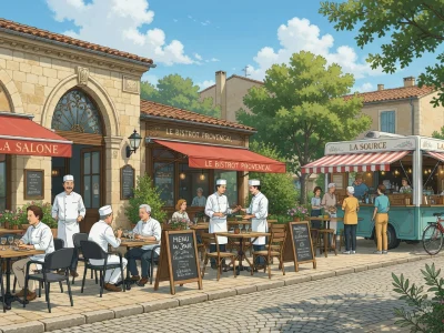 Terrasses animées d'un restaurant sur Salon-de-Provence avec serveurs et clients