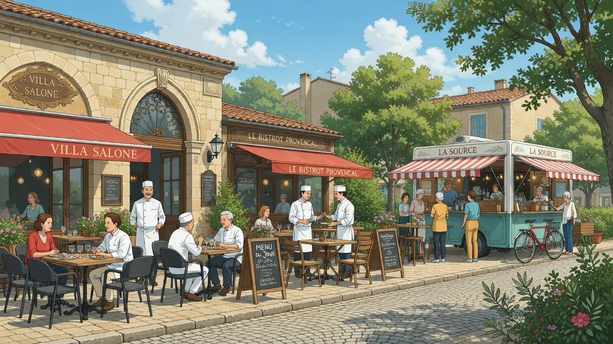 Terrasses animées d'un restaurant sur Salon-de-Provence avec serveurs et clients