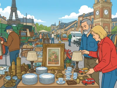 Un couple examine des lampes lors d'un vide-grenier Île-de-France avec la tour Eiffel en arrière-plan