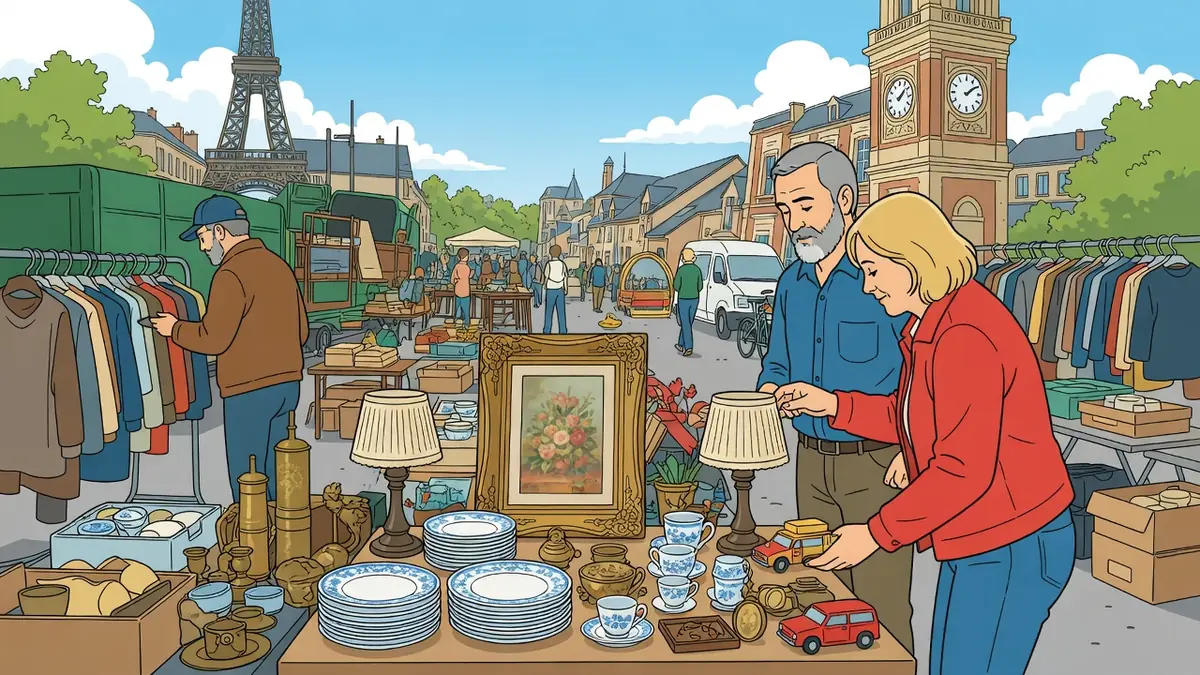 Un couple examine des lampes lors d'un vide-grenier Île-de-France avec la tour Eiffel en arrière-plan