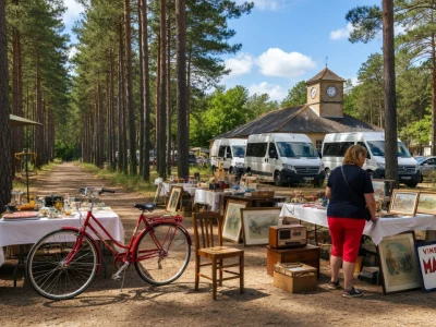 Des chineurs explorent les stands d'un vide-grenier 40 en plein air sous les pins