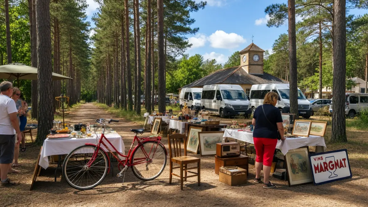 Des chineurs explorent les stands d'un vide-grenier 40 en plein air sous les pins