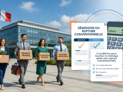 Des salariés marchent avec des boîtes devant un bâtiment moderne pour illustrer le chômage pour rupture conventionnelle