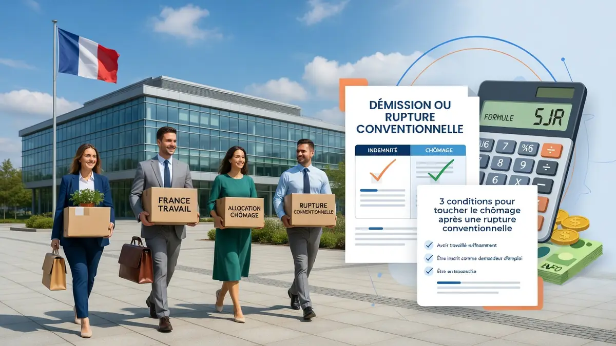 Des salariés marchent avec des boîtes devant un bâtiment moderne pour illustrer le chômage pour rupture conventionnelle