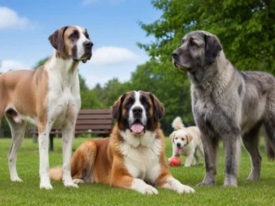 Un gros chien de race couché sur la pelouse avec d'autres chiens dans un parc