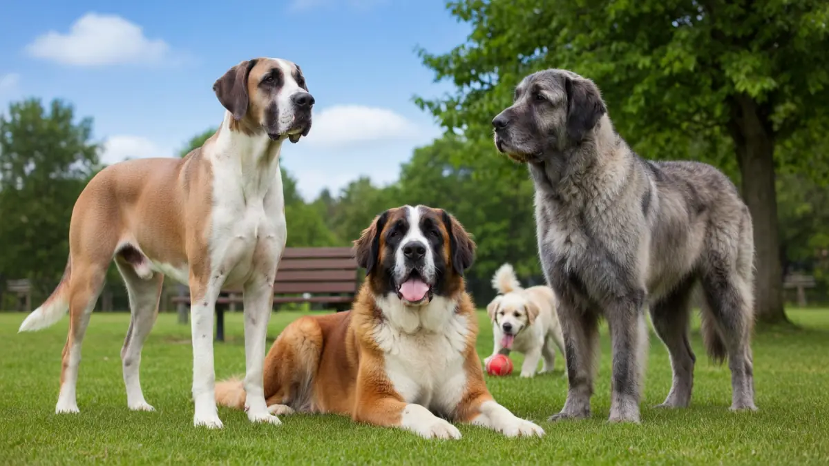 Un gros chien de race couché sur la pelouse avec d'autres chiens dans un parc