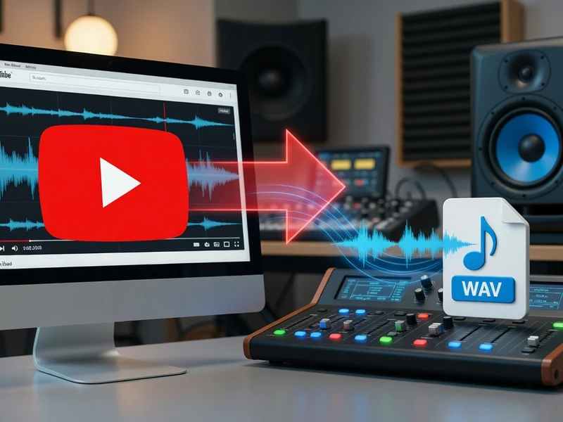 Illustration conceptuelle de la conversion d'un flux audio YouTube to wav dans un studio d'enregistrement