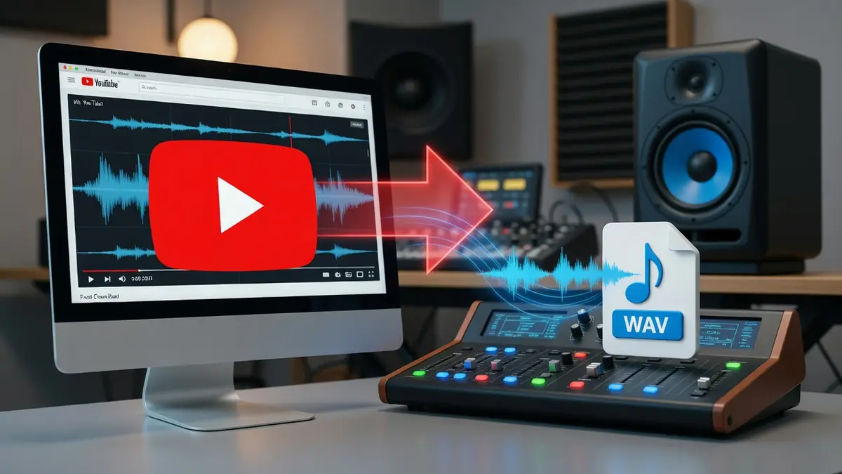 Illustration conceptuelle de la conversion d'un flux audio YouTube to wav dans un studio d'enregistrement