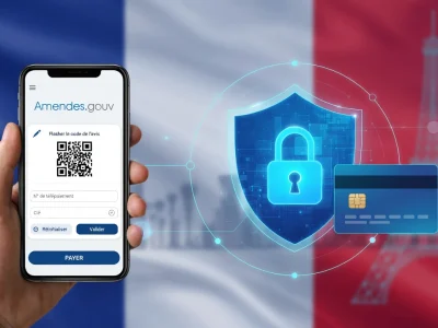 Une main tenant un smartphone et une carte pour payer des amendes en ligne avec bouclier sécurisé devant drapeau français