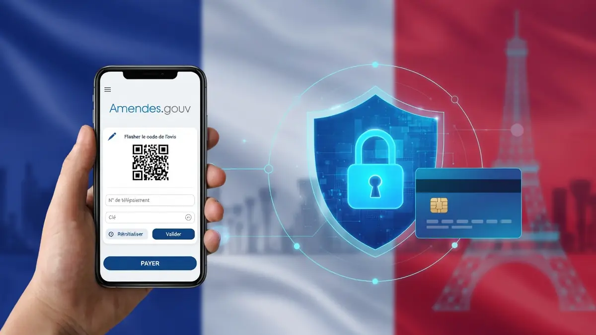Une main tenant un smartphone et une carte pour payer des amendes en ligne avec bouclier sécurisé devant drapeau français