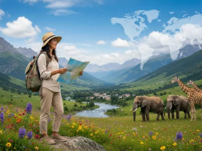 Une voyageuse consulte une carte dans un paysage verdoyant avec des animaux sauvages pour décider où et quand partir