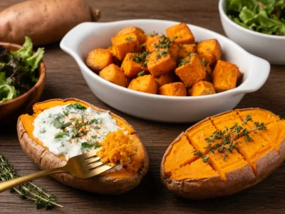 Préparations variées de patate douce au four accompagnées de salades sur une table en bois