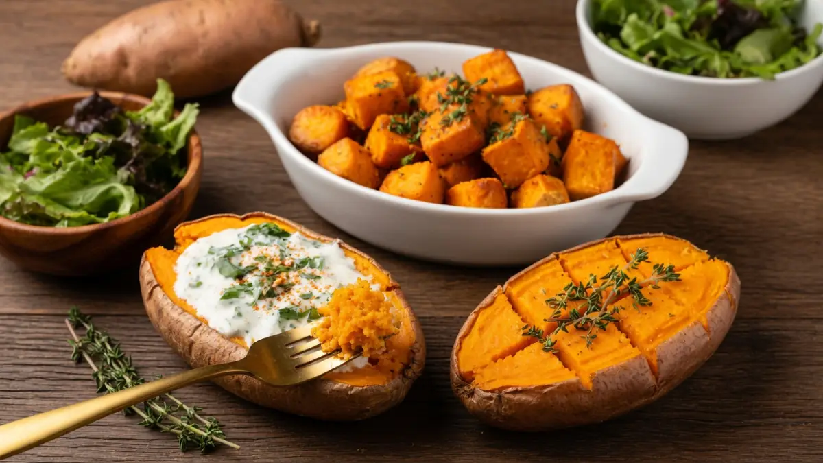Préparations variées de patate douce au four accompagnées de salades sur une table en bois
