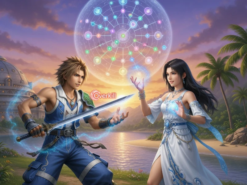 Guerrier et magicienne avec une sphère lumineuse dans un paysage tropical soluce Final Fantasy X
