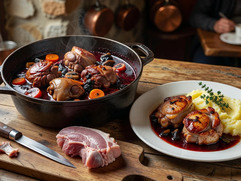 Sur une table en bois une cocotte fumante une assiette et de la viande crue illustrent les recettes de joues de porc