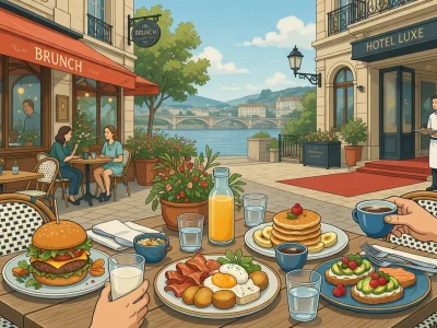 Scène de brunch à Bordeaux sur une terrasse avec table garnie de mets et vue sur le pont