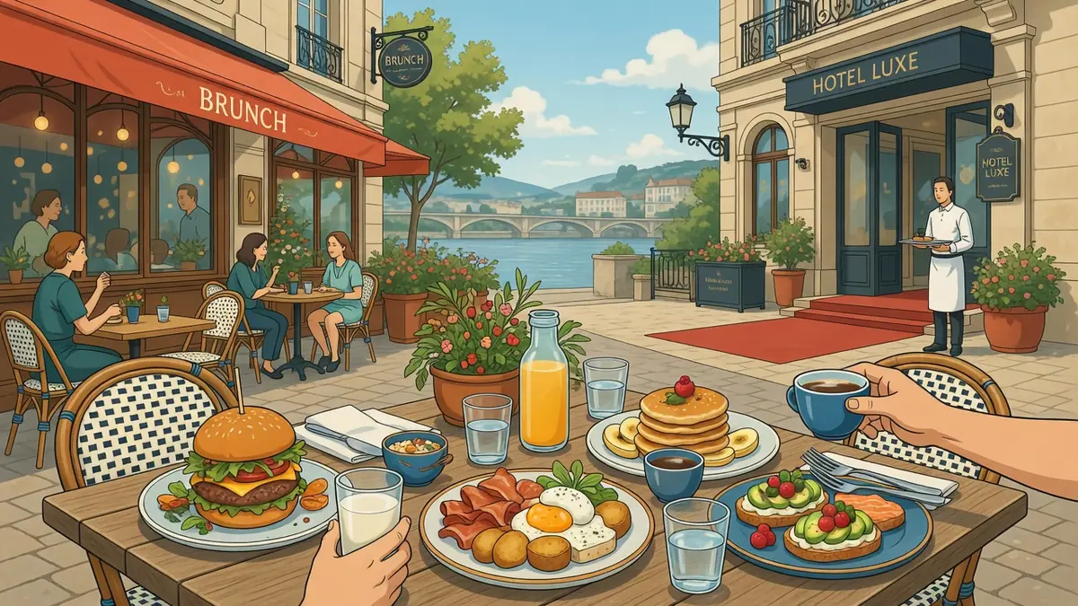 Scène de brunch à Bordeaux sur une terrasse avec table garnie de mets et vue sur le pont