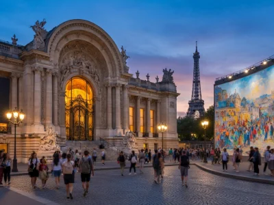 Foule de visiteurs devant le musée à Paris gratuit illuminé au crépuscule avec la tour Eiffel