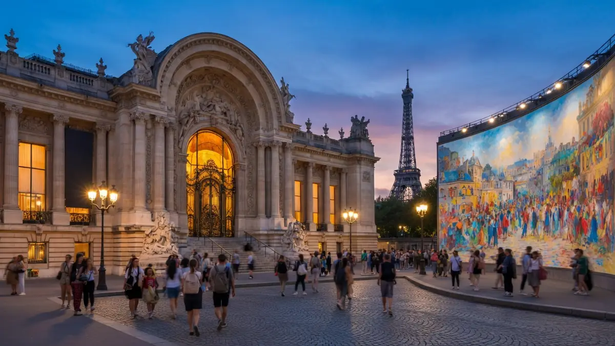 Foule de visiteurs devant le musée à Paris gratuit illuminé au crépuscule avec la tour Eiffel