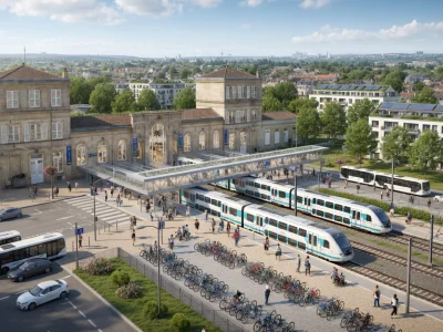 Vue aérienne du pôle multimodal de Villiers-le-Bel - Gonesse - Arnouville avec plusieurs trains et bus