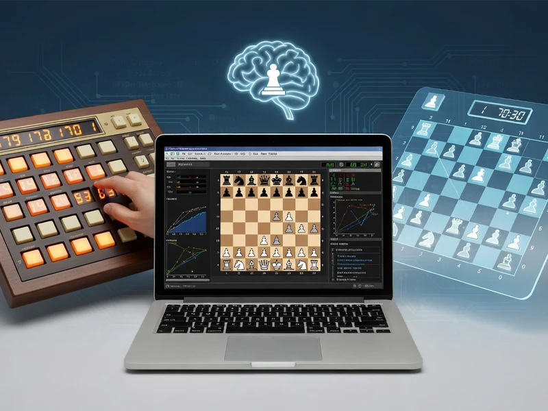 Montage visuel d'un jeu d'échecs contre ordinateur mêlant technologie ancienne et intelligence artificielle moderne
