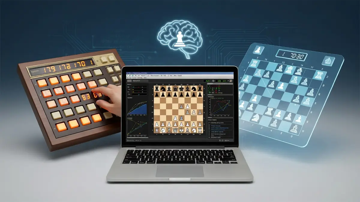 Montage visuel d'un jeu d'échecs contre ordinateur mêlant technologie ancienne et intelligence artificielle moderne