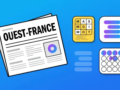 L'illustration présente un journal plié et des icônes de jeux pour le jeu Ouest-France gratuit