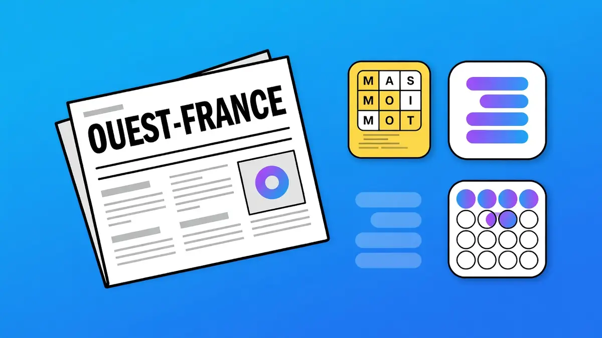 L'illustration présente un journal plié et des icônes de jeux pour le jeu Ouest-France gratuit
