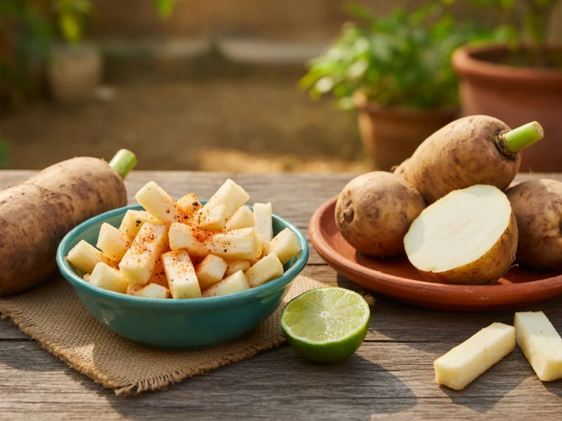 Des jicama entiers et en cubes accompagnés d'un demi-citron vert sur une table en bois