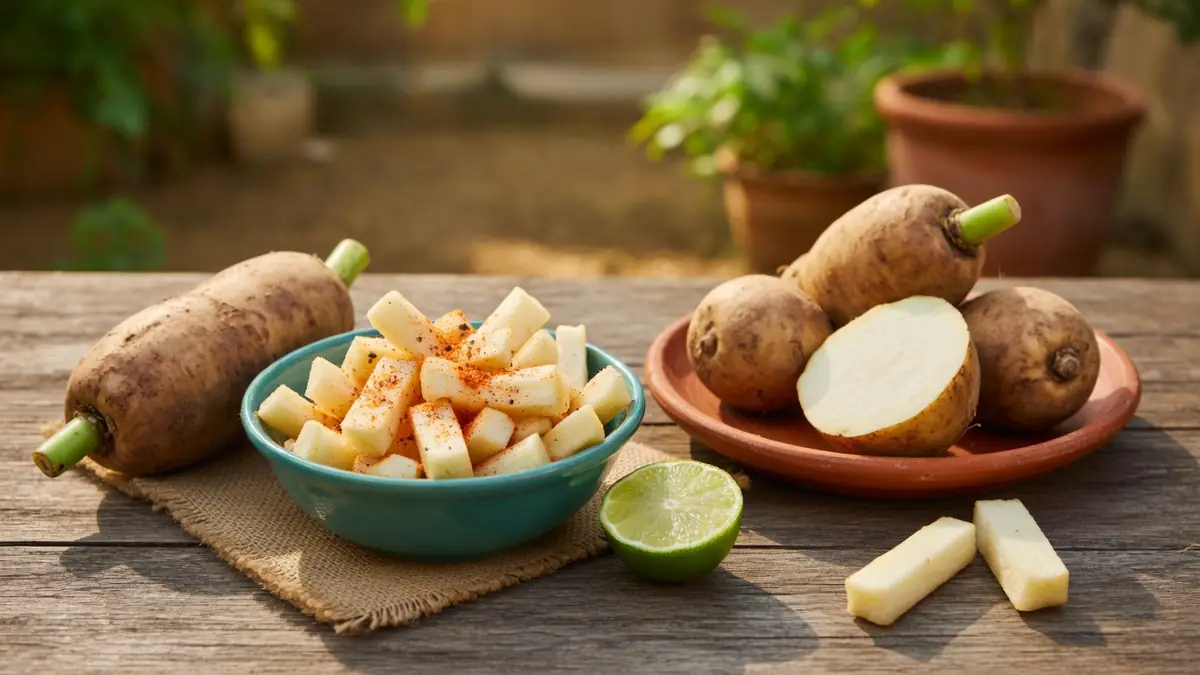 Des jicama entiers et en cubes accompagnés d'un demi-citron vert sur une table en bois