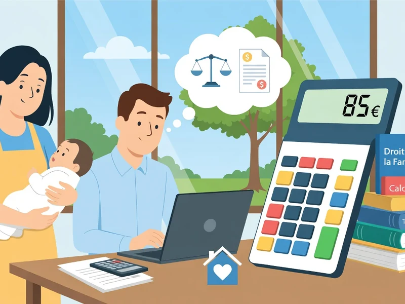 Une mère tenant son bébé et un père utilisant un ordinateur illustrent comment est calculé pension alimentaire