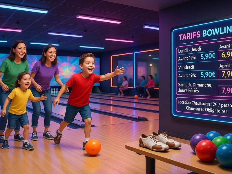 Une famille joyeuse joue au bowling avec ses enfants en tenant compte du prix du bowling
